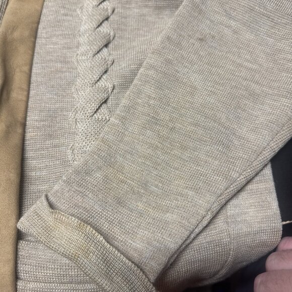 Vintage Caldwell Suede Trim Wool Cardigan Sweater Canada Tan Beige Men L Cable - Picture 7 of 7
